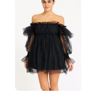 Persephone On/Off Shoulder Tulle Mini Dress babydoll black crinkle SZ XS black